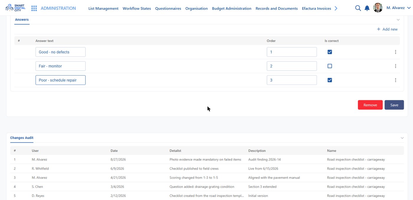 Change log: every edit to an inspection checklist recorded with user, date, what changed and why