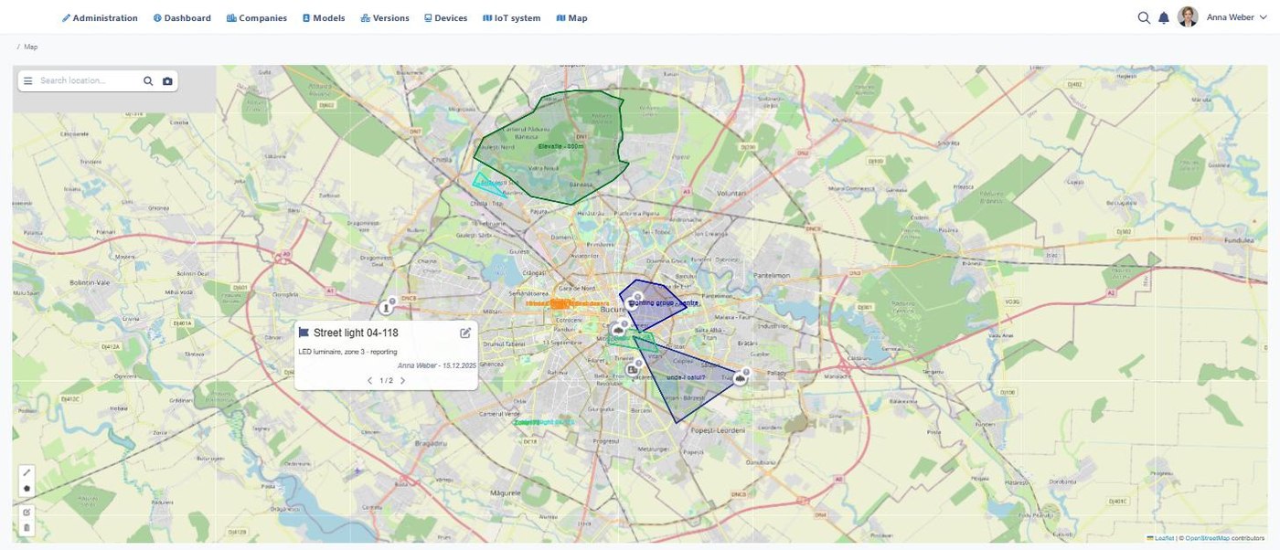 Operational map in Smart Digital City showing connected assets and their status across the city