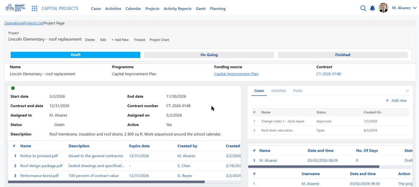 A delivery project with its phases, owners, deadlines and documents