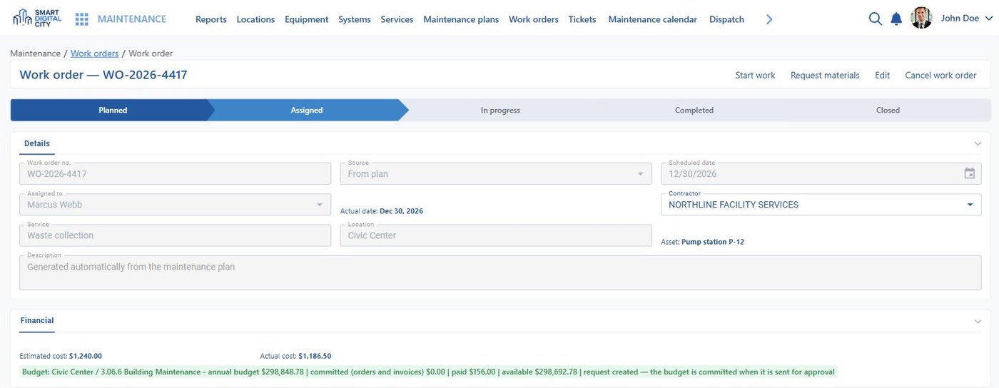 Work orders across departments with type, status, priority, assigned crew member and due date
