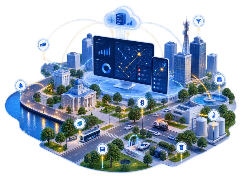 Illustration of a city with connected sensors, streetlights and a central operations dashboard