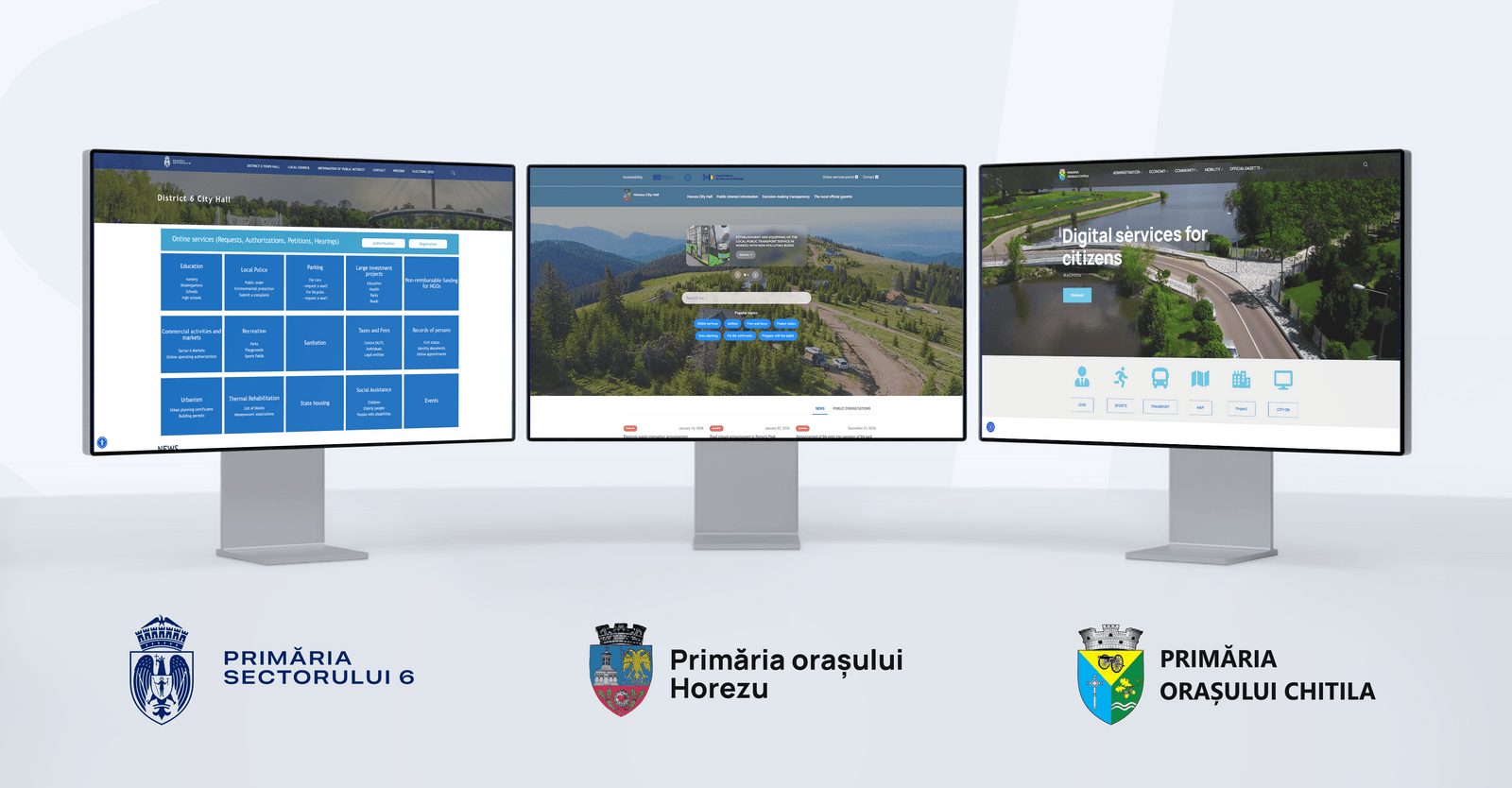 Smart Digital City resident portals in production for three Romanian municipalities, shown on three screens